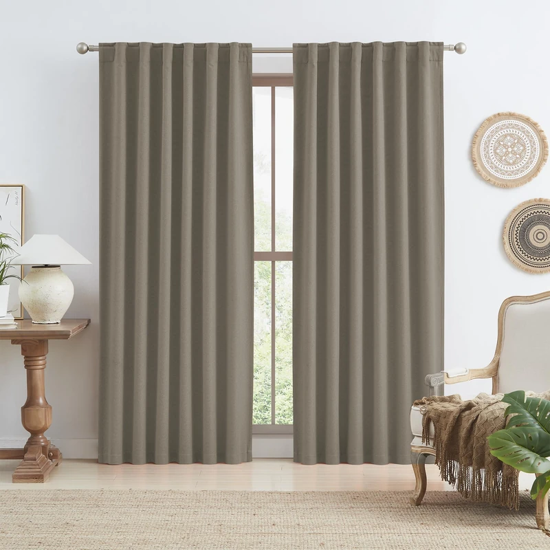 KEQIAOSUOCAI Taupe Blackout Curtains 96 Inches Long 2 Panels Back Tab Pocket Hook Belt Burlap Canvas Look Country Farmhouse Drapes for Living Room Sack Crude Sand Beach Decor 50 Wide