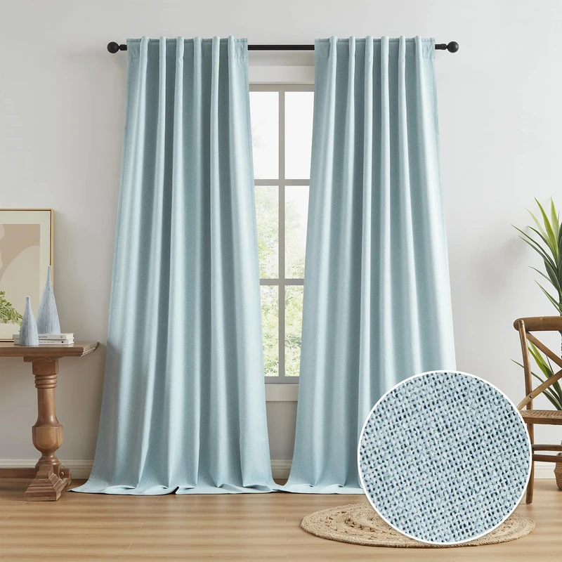 KEQIAOSUOCAI Extra Long 120 Inch Full Blackout Curtains for Large Window, Linen Textured Back Tab Hook Belt Pleated Tall Drapes for Living Room Dining 2 Panels Set, 50 Wide, 10 FT, Light Sky Blue