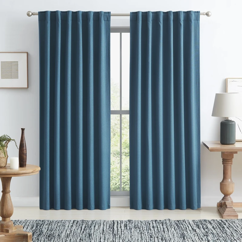 KEQIAOSUOCAI 100% Blackout Linen Textured Curtains 96 Inches Long, Energy Smart Black Out Drapes for Boys Playroom, Thermal Insulated Window Draperies for Guest Room(Blue Denim,50" W x 96" L)