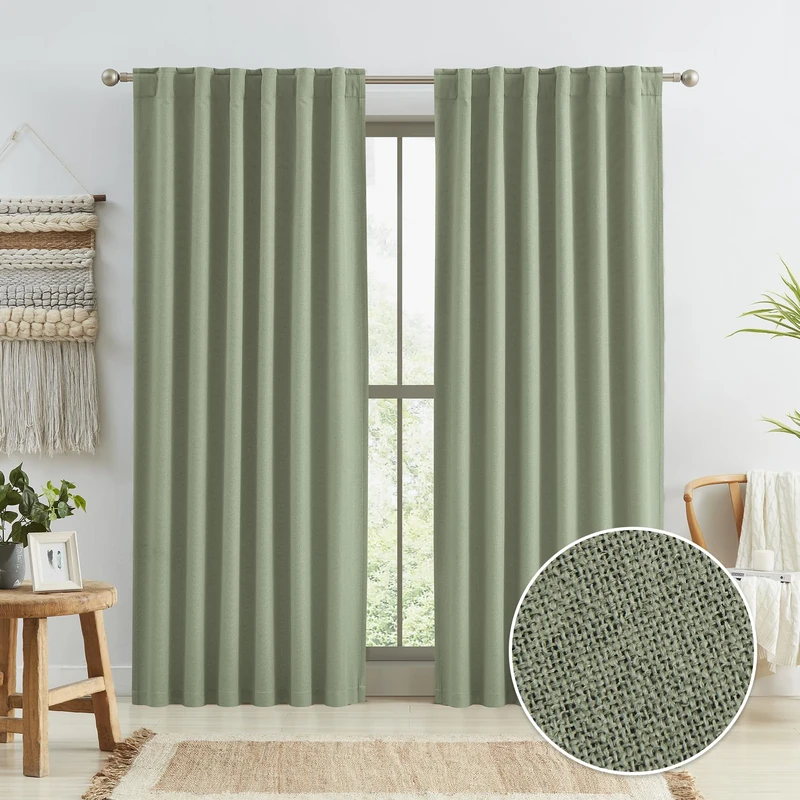 KEQIAOSUOCAI Linen Blackout Curtains for Bedroom, Home Decor Living Room, Rod Pocket Tab Top Curtains 50x96 Inch, Sage Green, 2 Panels