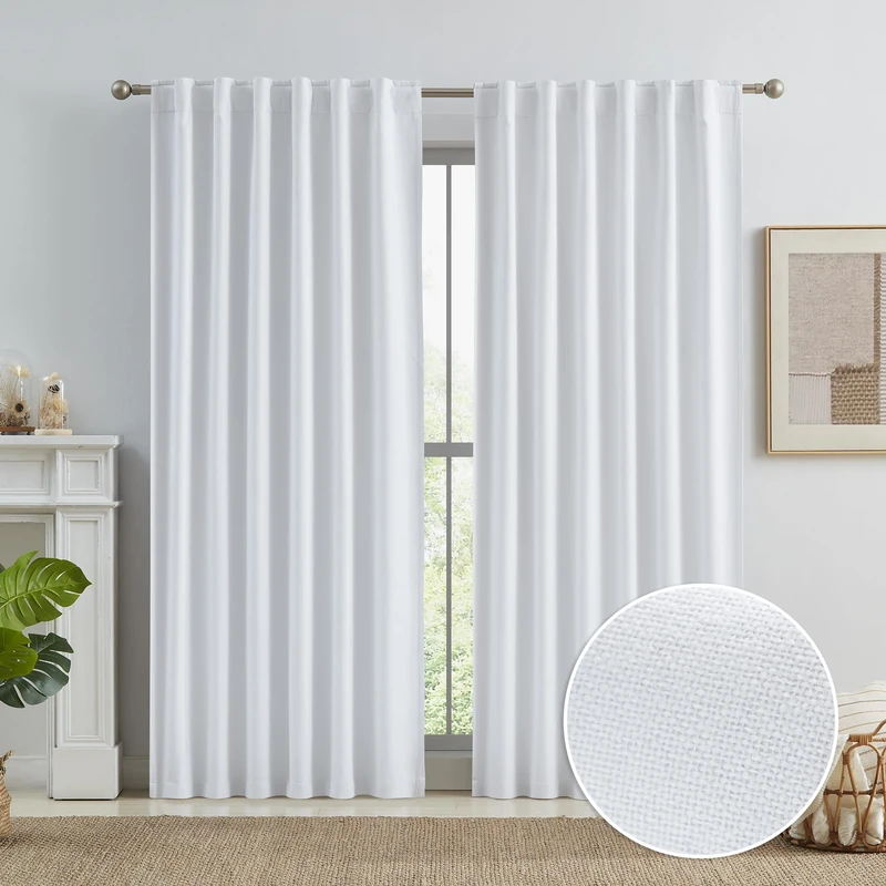 100% Blackout Curtains, Heat and Full Light Blocking Thermal Insulated Shading Linen Panels for Nursery Living Room Flax Burlap Back Tab Hook Belt 50 x 84 Inches Drop,2 Pieces, Pure White