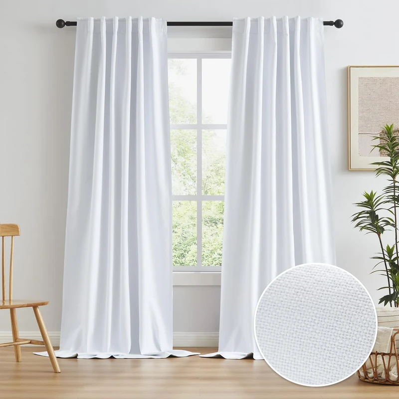 KEQIAOSUOCAI Linen 100% Blackout Curtains 120 Inches Long 2 Panels Set Burg 10 FT Length Draperies Heavy-Duty Total Darkness Drapes for Patio Living Room Back Tab Pocket 50x120, White, Pack of 2