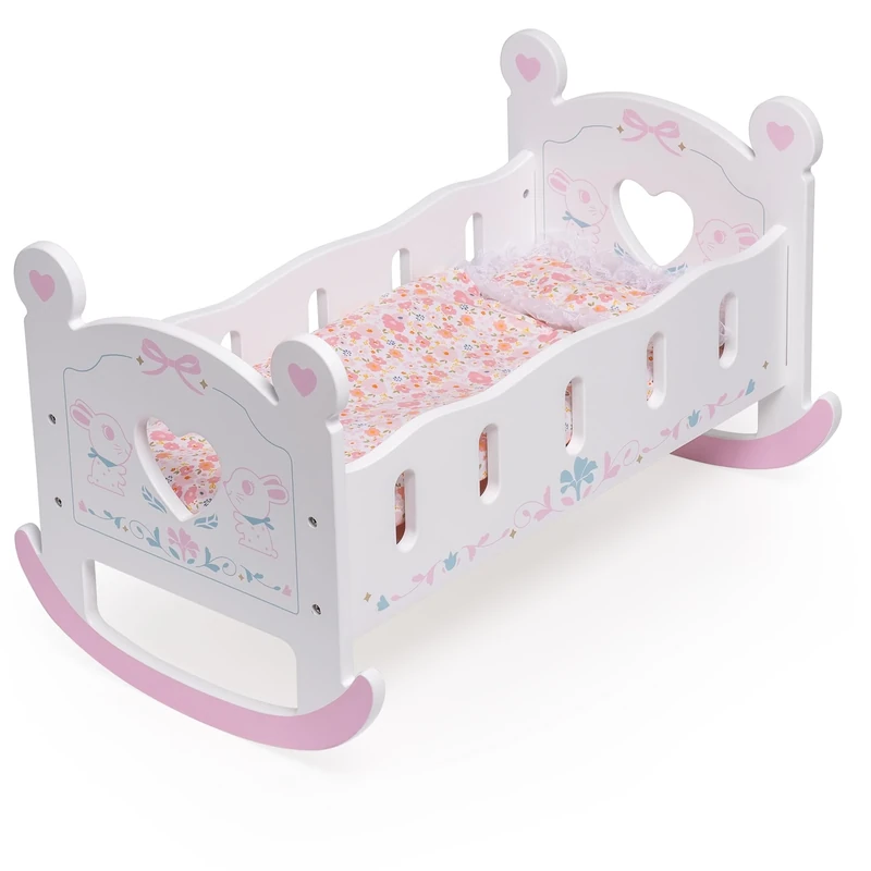 ROBUD Wooden Doll Bed with Pillow & Blanket, Play Cradle for dolls, Fits 18-Inch Dolls, White& Pink