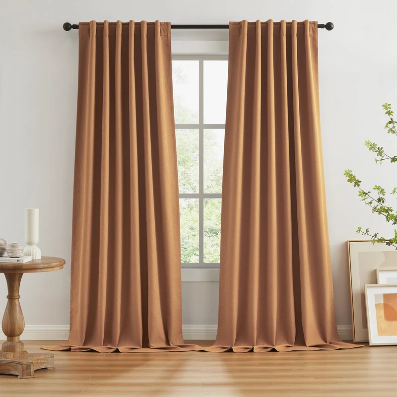 KEQIAOSUOCAI Extra Long Burnt Orange Blackout Linen Curtains 2 Panels Set 120 Inch Length for Living Room and Bedroom - Hook Belt Back Tab Track System Ceiling Boho Muted Ochre Orange W50 x L120