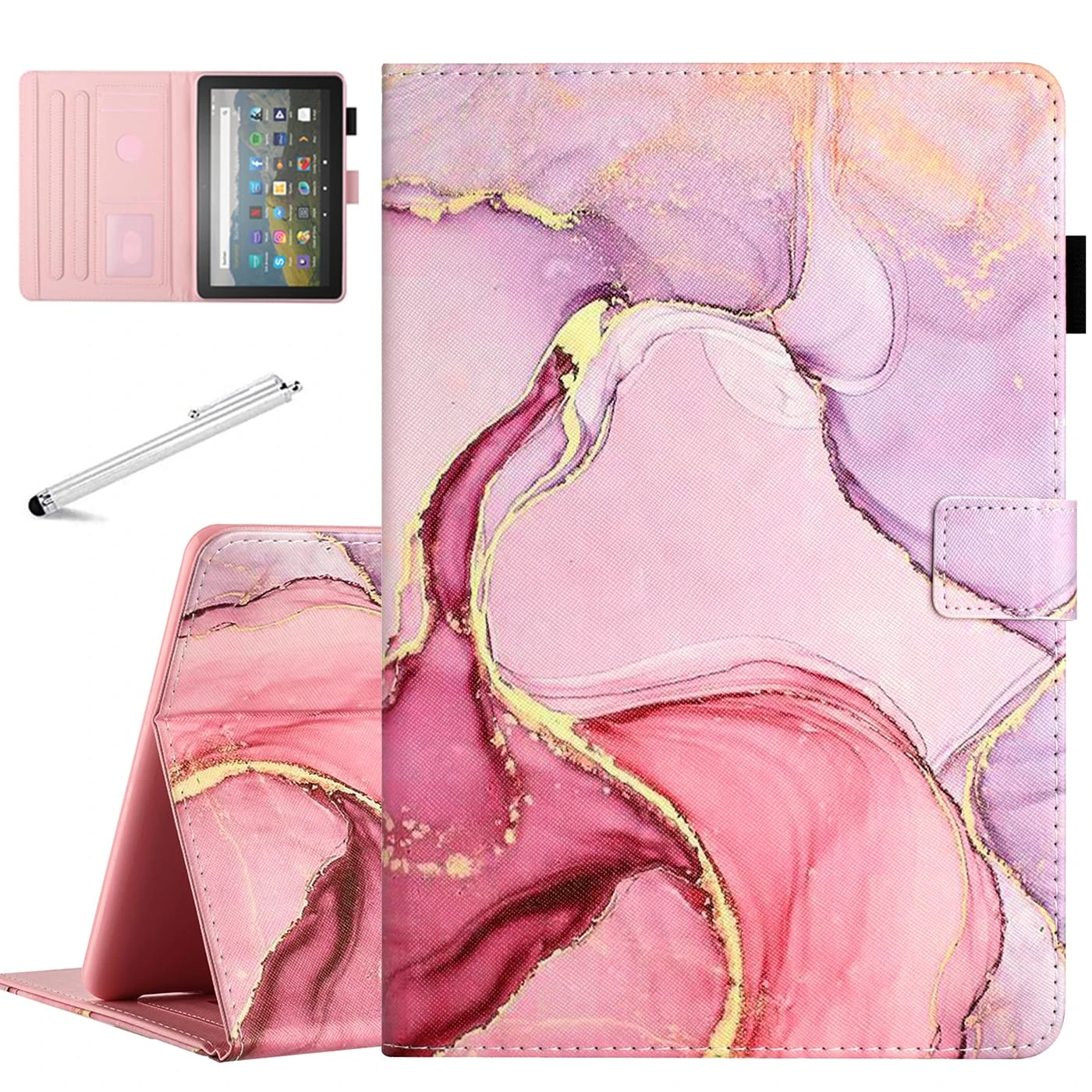 Fancity Case Fits All-New Amazon Kindle Fire HD 10 & 10 Plus (13th/11th Generation, 2023/2021 Release), PU Leather Stand Cover with Smart Auto Wake/Sleep & Pen Holder Card Slot, Marble Pink