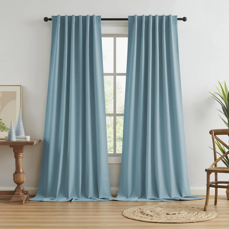 KEQIAOSUOCAI Extra Long Completely Blackout Curtains for Large Windows with Linen Texture Back Belts Pleated for Living Room and Dining Room Set of 2 Panels 127 x 274 cm Stone Blue
