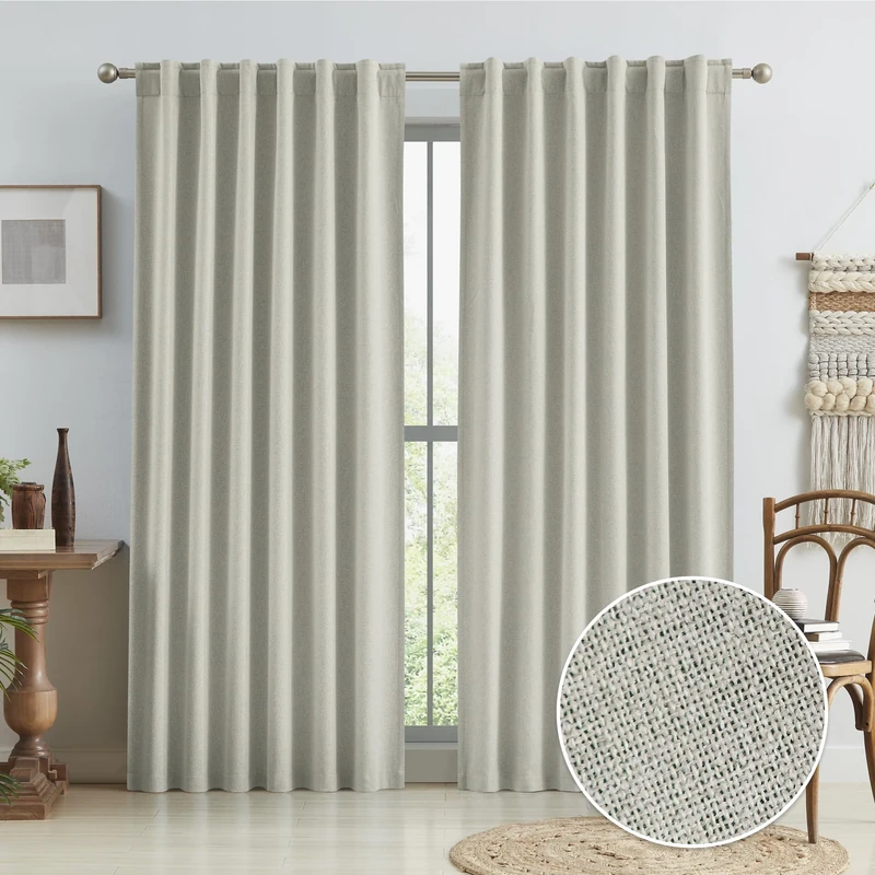 KEQIAOSUOCAI Linen Textured Blackout Curtains, Heat and Full Light Blocking Drapes, Warm Grey Farmhouse Boho Back Tab Pleated Curtains for Bedroom, W50 x L84 Inches Drop, Greyish Beige