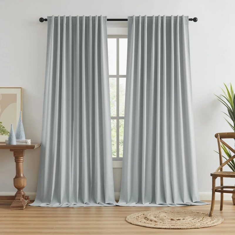 100% Blackout Curtain Panels Rod Pocket with Back Tabs Hook Belt Curtains with Pleated Look for Track System, Energy Efficient Curtains for Living Room, Patio, Door Blinds, Light Grey 183 x
