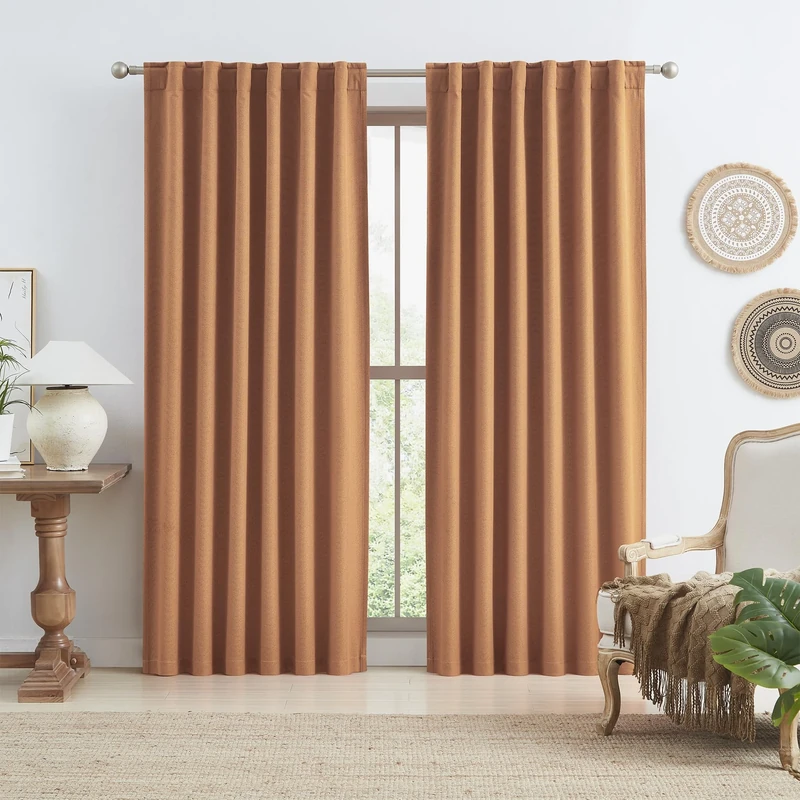 KEQIAOSUOCAI Blackout Linen Curtains 2 Panels Set 84 Inch Length 7 FT for Living Room Hook Belt Back Tab Drapes Southwest Decor Boho Mid Century Modern Curtains Burnt Orange for Bedroom W50 x L84