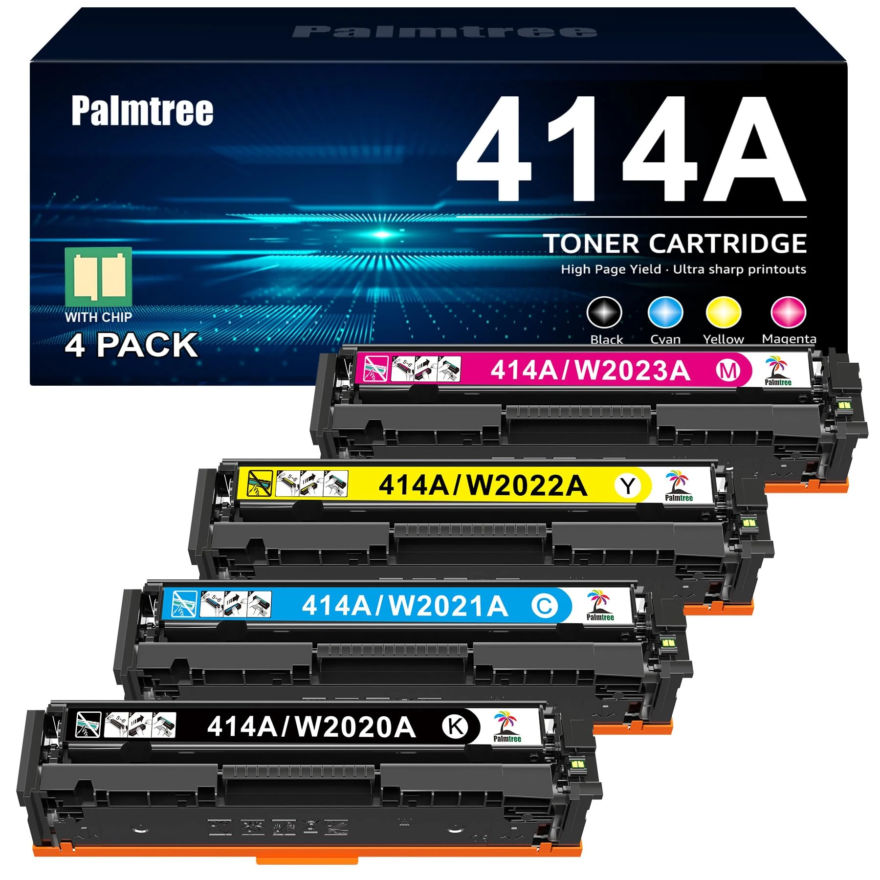 Palmtree Compatible Toner Cartridge Replacement for HP 414A 414X for Color Laserjet Pro MFP M479fdw M479fdn M479dw Pro M454dw M454dn M455dn MFP M480f M479 M454 Printer W2020A W2020X (BCMY, 4-Pack)