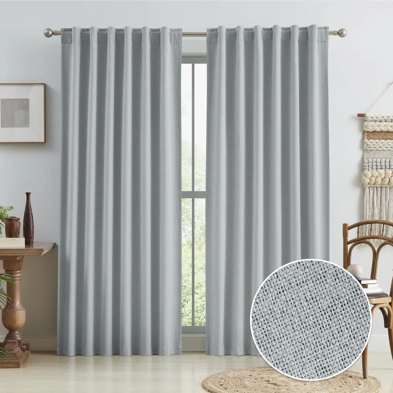 KEQIAOSUOCAI Living Room Full Shade Linen Curtain Panels, High-End Completely Blackout Drapes 96 Inches Drop for Shift Worker and Light Sleepers, Light Gray Back Tab Hook Belt, 50x96, 2 PCs