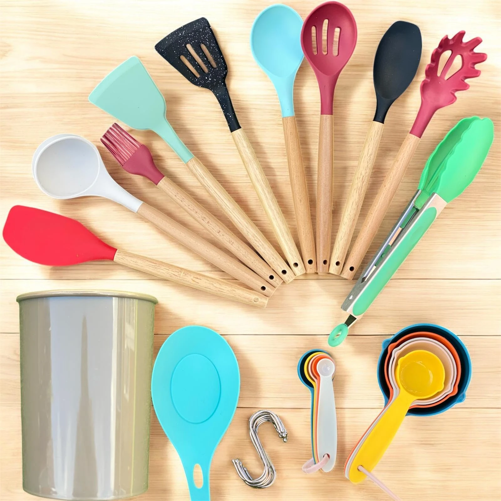 AHASON'S Silicone Cooking Utensils Set 230°C-446°F Heat Resistant Utensils,Turner Tong,Spoon,Spatula,Brush,Whisk with Holder Kitchen Utensil Gadgets Tools Set for Nonstick Cookware,BPA Free(Rainblow)