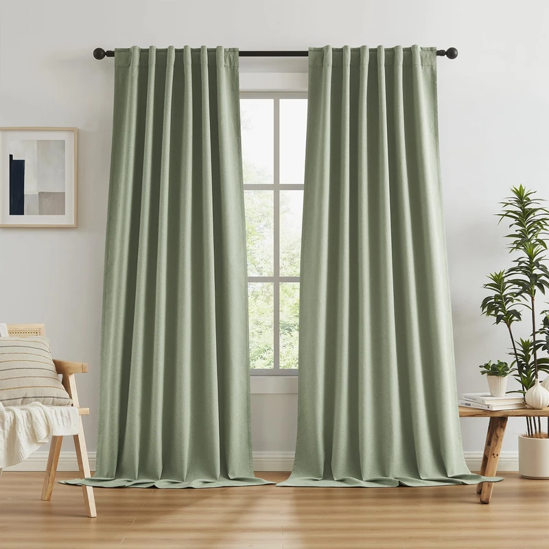 KEQIAOSUOCAI Blackout Linen Curtains 108 Inches Long, Back Tab Loop Pocket Hook Belt Long Vertical Drapes for Living Room Large Windows 50 x 108 Inch, 2 Panels, Sage Green
