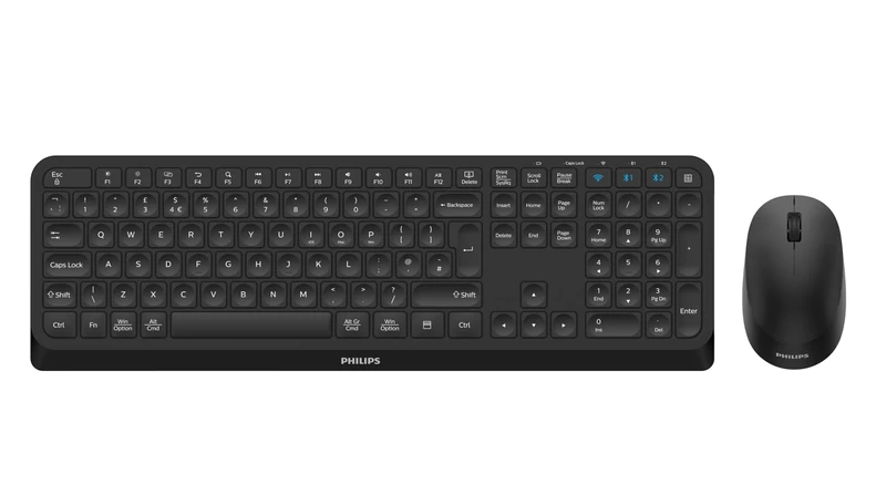 PHILIPS SPT6407B Wireless Keyboard Mouse Combo, Low Profile design, Bluetooth, USB, Multi device, Power saver, Multimedia short cut Keys, plug and play PC/Laptop