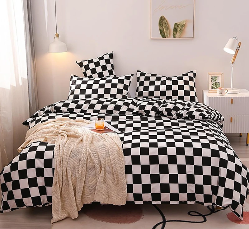 karever Black White Grid Comforter Set Cal King Black Plaid Bedding Set Women Black and White Checkered Bed Comforter Set Breathable Blanket Set Men Durable Bedding Comforter Set