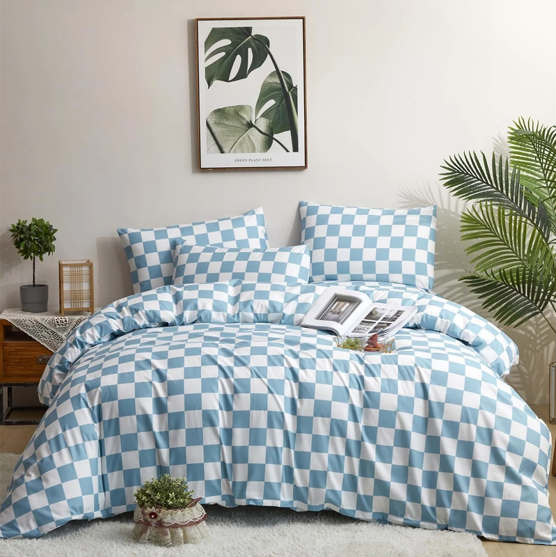 karever Blue White Grid Comforter Set King Blue Plaid Bedding Set Women Blue and White Checkered Bed Comforter Set Breathable Blanket Set Men Durable Bedding Comforter Set