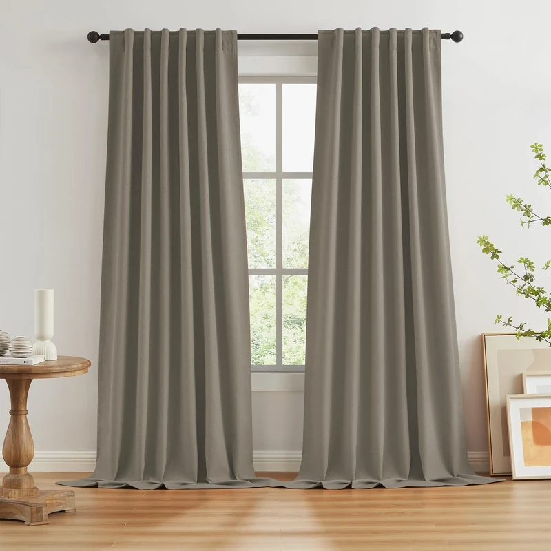 KEQIAOSUOCAI Thermal Blackout Curtains 126 Inches Long for Living Room Full Black Out Darkening Curtain for Large Tall Window Back Tab Pocket Hook Belt Pleated Look 2 Panels 50 Wide, Taupe