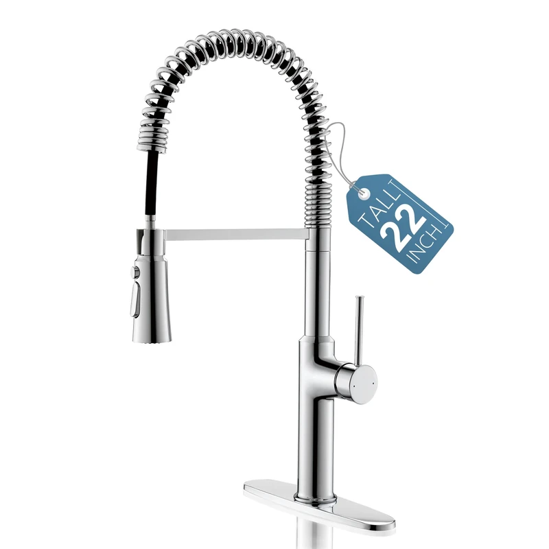 Lavatrum Polished Chrome Brass Kitchen Faucets 22" Commercial High Arc Single Lever Kitchen Faucets for Pull Down Sprayers Modern Spring with Deck Plate