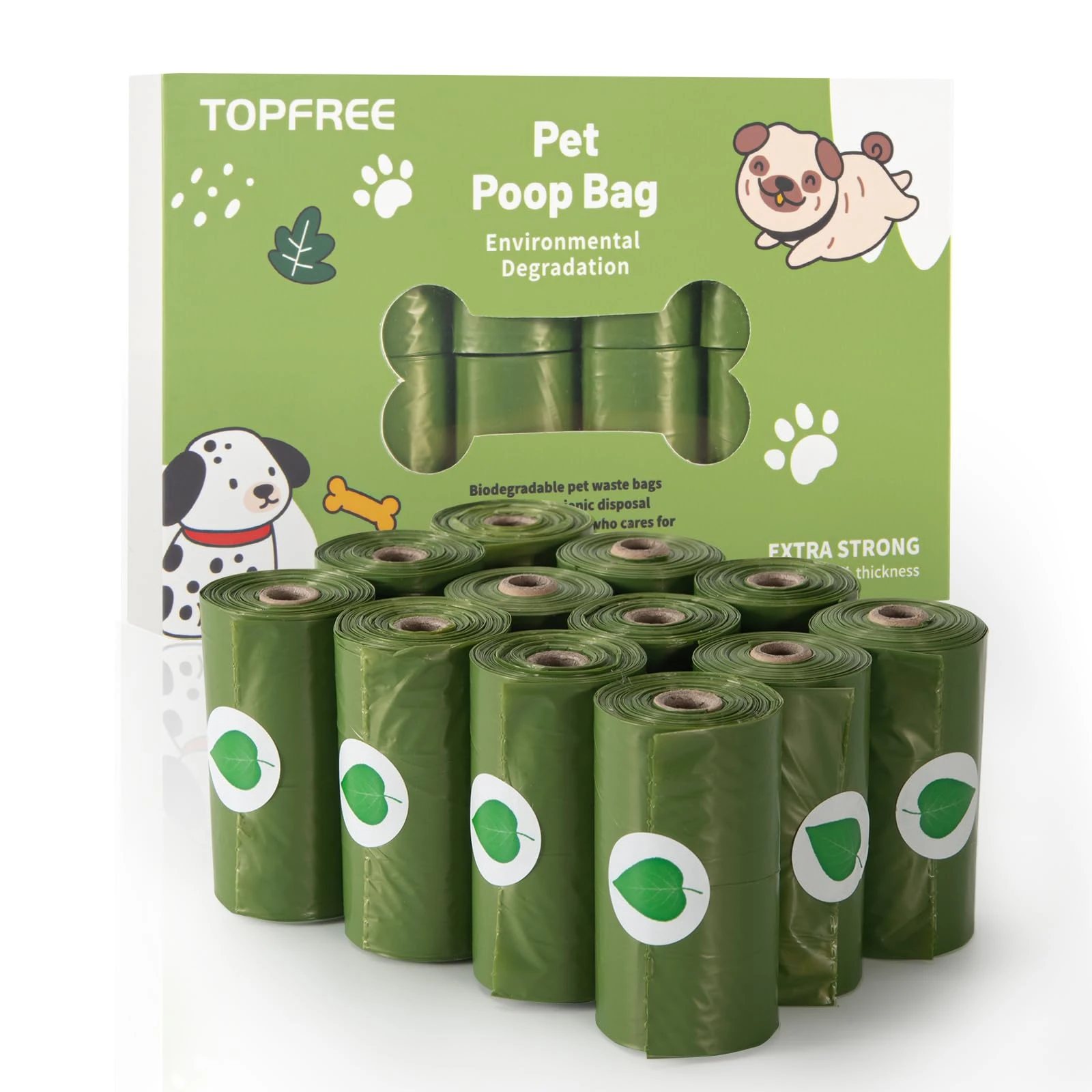 Topfree Poo Bags for Dog Waste - 12 Rolls 180 Bags, Super Strong 100% Leak Proof Biodegradable (Green)