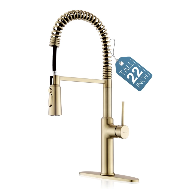 Lavatrum Brushed Gold Kitchen Sink Taps, Commercial High Arc Single Handle Kitchen Taps for Pull Down Sprayer Modern Spring with Cover Plate 22 Inches