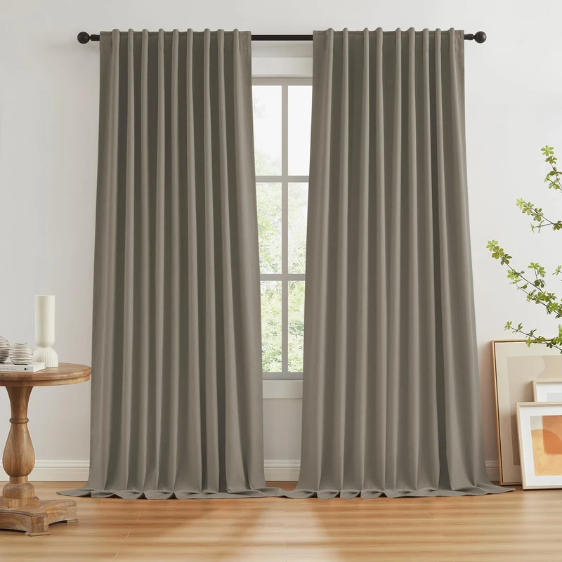 KEQIAOSUOCAI Living Room Curtains for Large Windows Modern Farmhouse Patio Sliding Door Curtains for Bedroom 2 Panels, Back Tab Pinch Pleated Blackout Drapes 72 Inch Wide by 96 Inch Long, Taupe