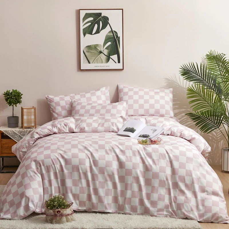 karever Pink White Grid Comforter Set Queen Pink Plaid Bedding Set Women Pink and White Checkered Bed Comforter Set Breathable Blanket Set Men Durable Bedding Comforter Set