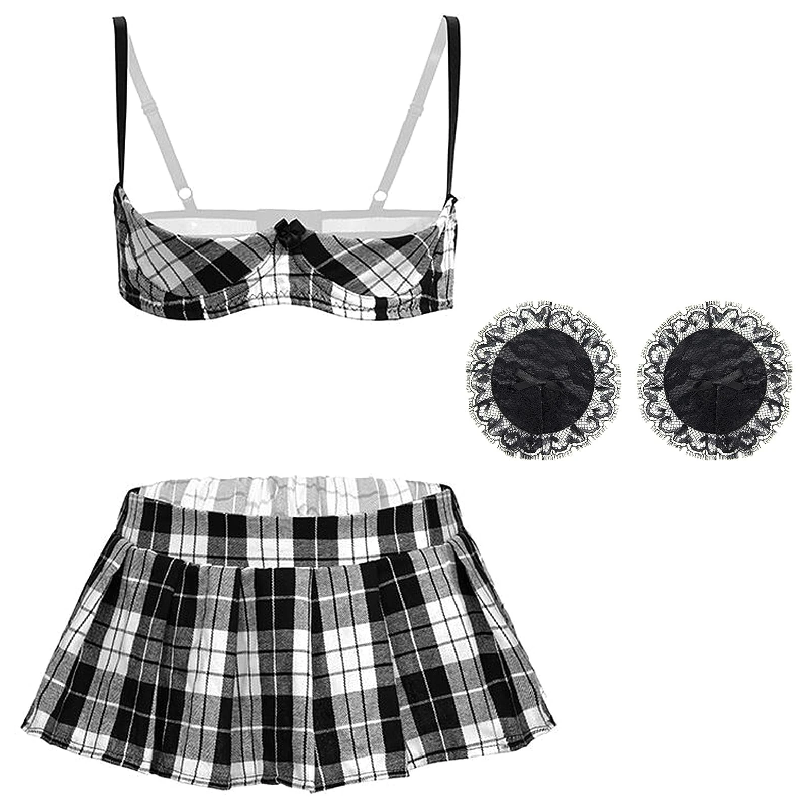 VicSec Women Lace Garter Lingerie Set with Heart Nipple Cover & Stockings, Quarter Cup Bra Teddy Naughty Babydoll Strappy Bra and Panty Set Nightwear