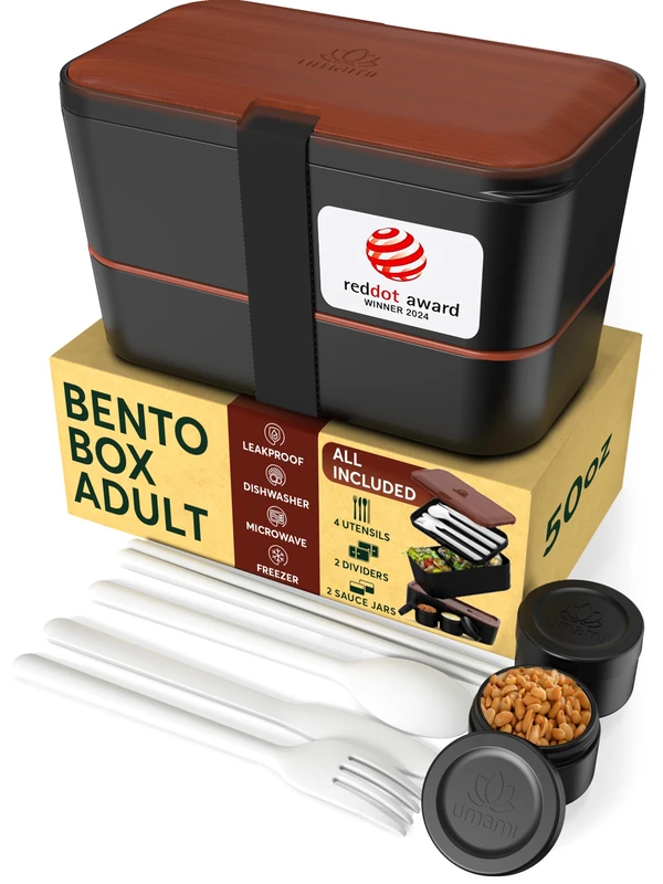 Umami Premium Bento Box Adult, Design Award Winner, Space-Saving Nestable Lunch Box w/Wood Lid, 4 Utensils, 2 Sauce Jars, 100% Leakproof, Microwave Safe Lunch Containers for Adults