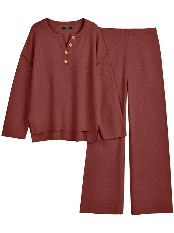 LILLUSORY Women's 2 Piece Lounge Set Oversized Slouchy Matching Cozy Knit Set, Brick Red, M