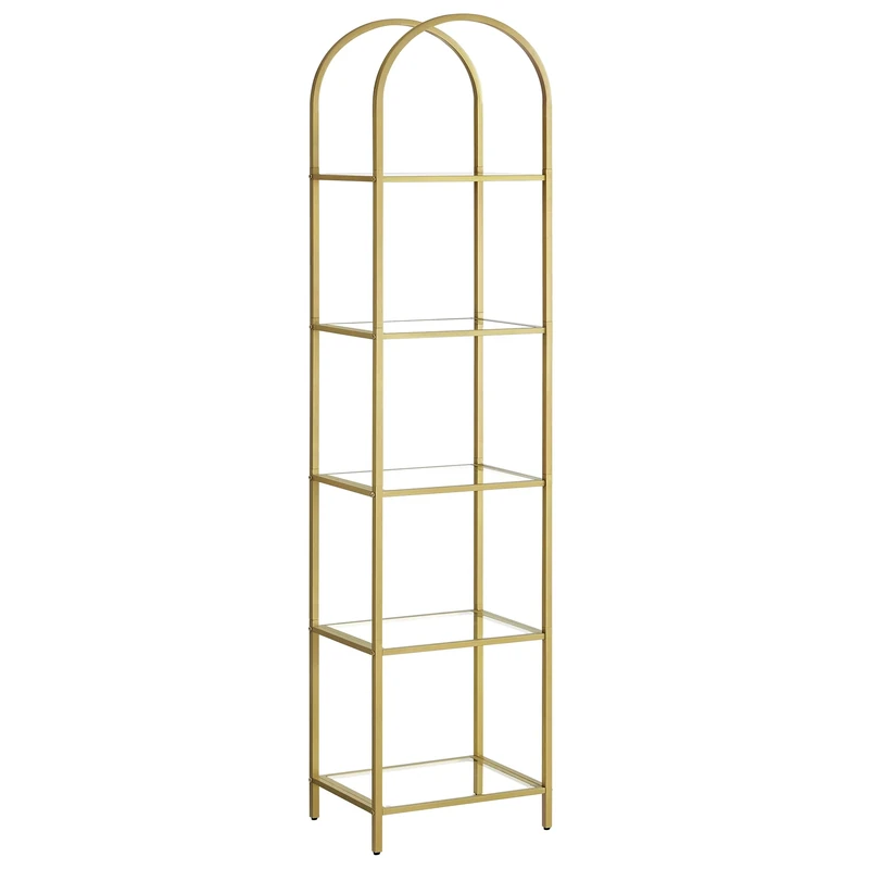 VASAGLE 5-Tier Shelf, Tempered Glass Shelving Unit, Arched Design, Steel Structure, for Living Room Bedroom Study Bathroom, Metallic Gold and Transparent LGT501A01