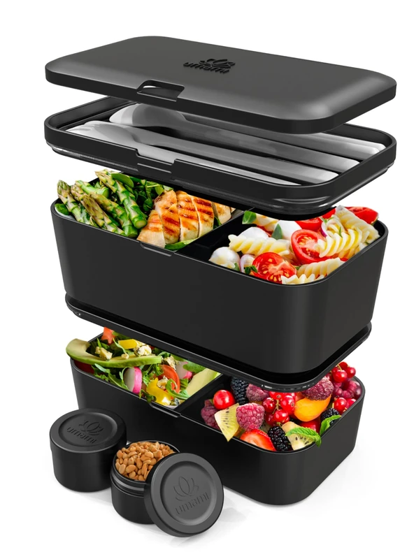 Umami Mami Lunch Box Containers w/ 4 Utensils, 2 Sauce Jars, Nestable Space-Saving Black Bento Box Adult, 100% Leakproof, Microwavable Lunch Containers for Adults, Red Dot Design Award Winner - Image 1