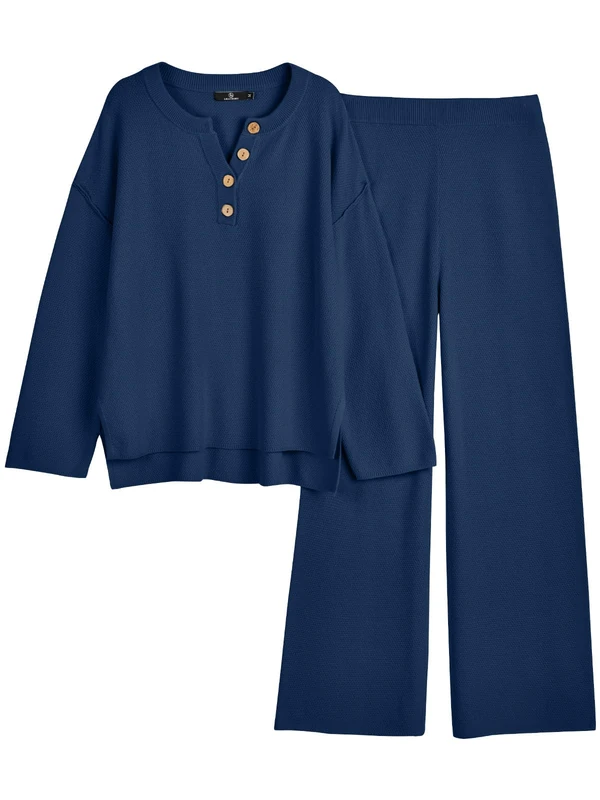 LILLUSORY Women's 2 Piece Lounge Sets Oversized Slouchy Matching Cozy Knit Sets, Dark Blue, L