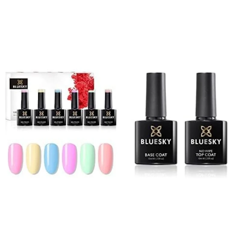Bluesky Gel Nail Polish Set, Pastel Neon Collection, 6 x 10 ml, Pink and No Wipe Top Coat and Base Coat, Soak Off LED UV Gel Nail Polish Set, High Gloss Finish, Clear, 2 x 10ml