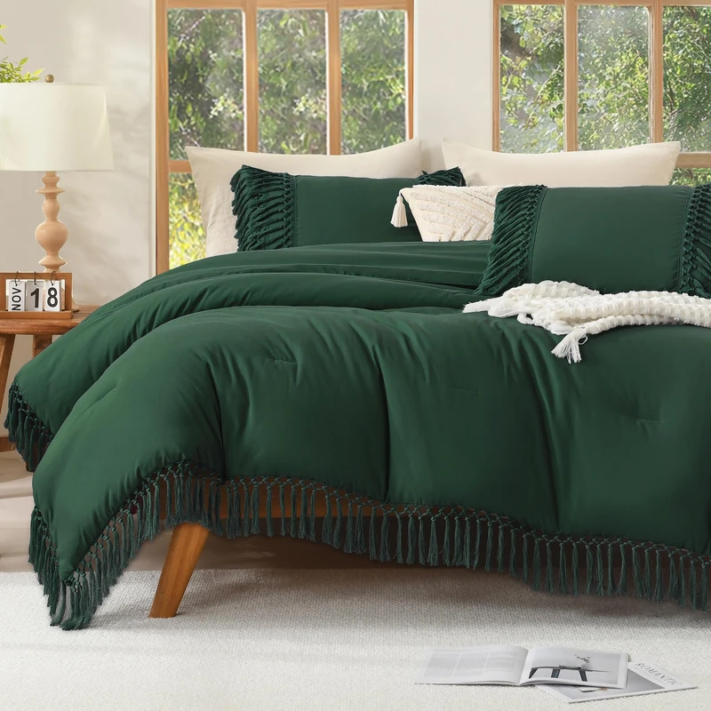 Andency Emerald Full Size Comforter Set, 3 Pieces Boho Tassel Lightweight Summer Soft Bedding Comforter Sets, All Season Fluffy Fringe Bed Set (79x90In Comforter & 2 Pillowcases)