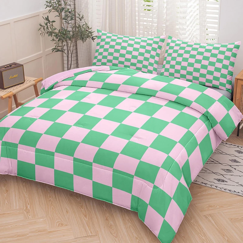 Tailor Shop Green Pink Plaid Comforter Sets Full Women Men Green Checkerboard Grid Bedding Boys Girls Modern Grass Checkered Geometric Quilts Aesthetic Room Decor with 2 Pillowcases……