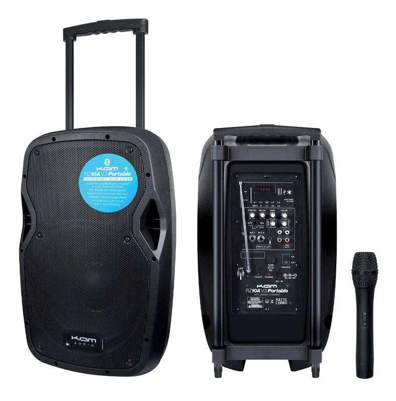 KAM RZ10AP V3 550W Portable Bluetooth® PA Speaker with Wireless Microphone, USB/SD Media Player, and Built-In Rechargeable Battery