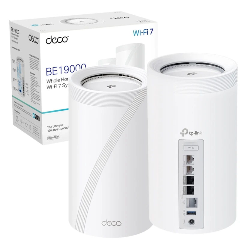 TP-Link Deco BE85(2-pack) Tri-Band BE19000Mbps Whole Home Mesh WiFi 7 System, Quad-Core CPU WiFi Extender Booster, Ultra-Fast 2x 10 Gbps Wired WAN/LAN Ports, 320 MHz Channels, 4K-QAM, HomeShield
