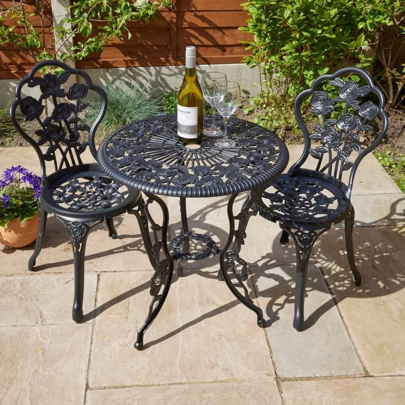 Home Source Rose Garden Patio Outdoor Bistro Set Table and 2 Chairs Metal Garden Furniture, Black