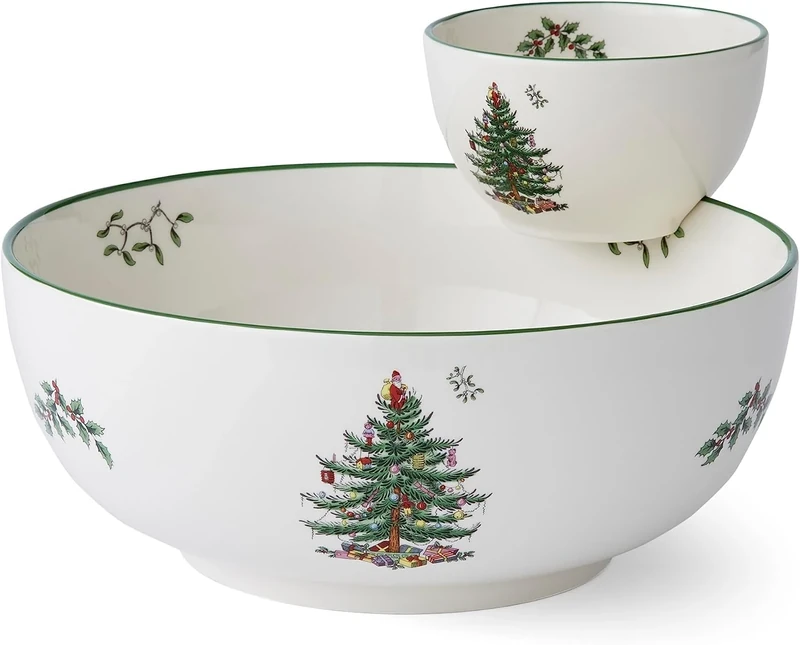 Spode Christmas Tree Tiered Chip and Dip Serving Set - Festive 2-Piece Set for Holiday Entertaining and Serving Snacks - Iconic Christmas Tree Motif - Porcelain - Dishwasher/Microwave/Freezer Safe