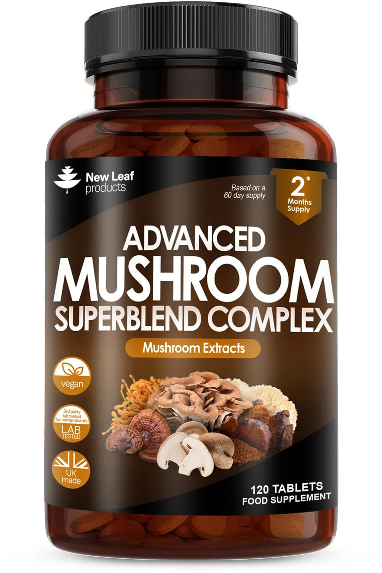 Mushroom Complex - Lions Mane + Cordyceps Chaga Reishi Shiitak,Maitake Mushroomss Blend - High Potency Supplement - Made in The UK - 120 Tablets