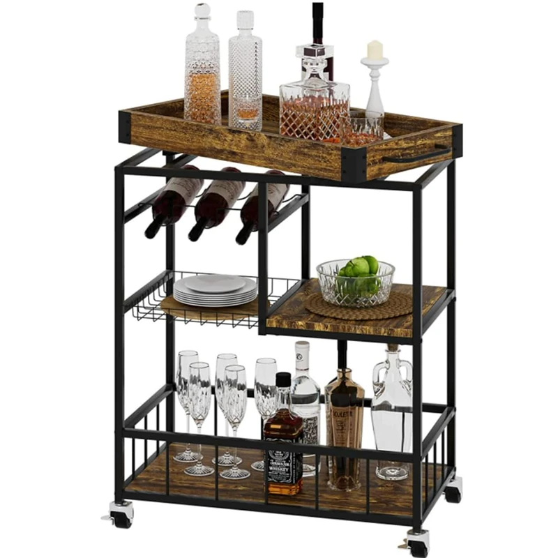 BAKAJI Multipurpose Kitchen Trolley Space Saver with Separate Shelf and 4 Wheels, Industrial Style with Black Iron Frame and Walnut Wood Shelves Bottle Rack