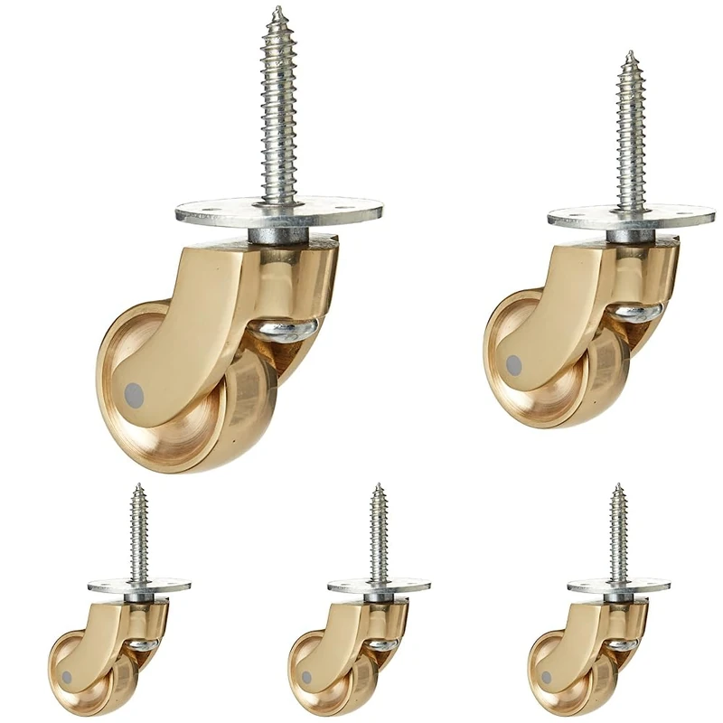 Merriway® BH01574 Brass Castor Caster Wheel, Screw In Type - Polished Solid Brass, 30mm Wheel (Pack of 5)