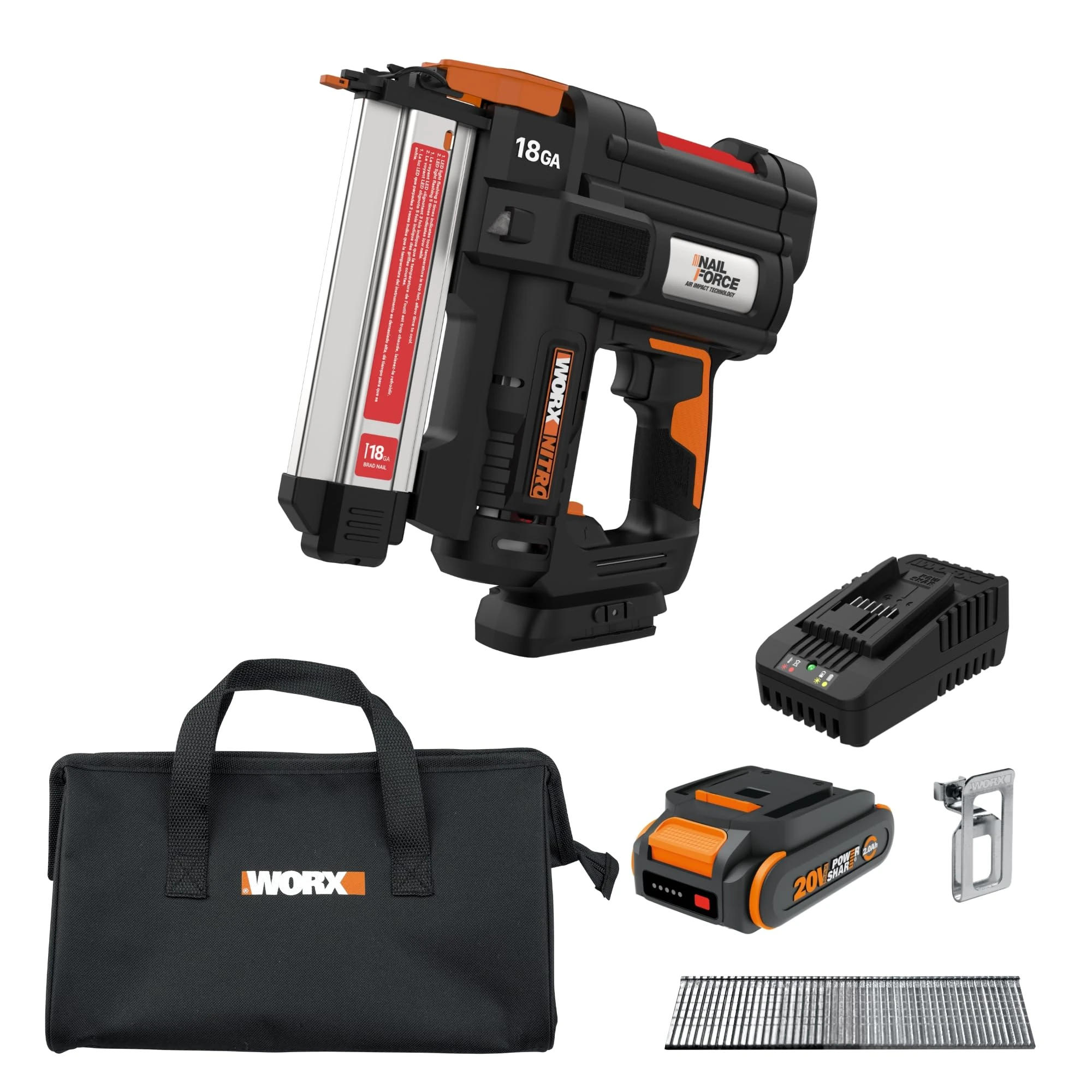 Worx Nitro Brad 20V 18GA Cordless Nailer, Cordless Nail Gun, Up to 2" Battery, Tool-Free Jam Release, Trimming & Molding, Socket WX842L PowerShare -