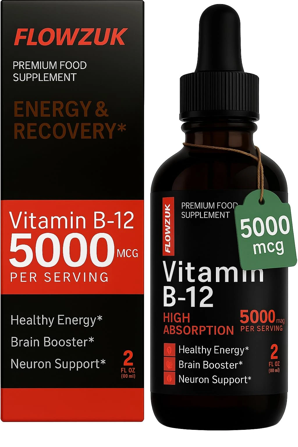 Flowzuk Vitamin B12 Liquid Drops 5000mcg – High Strength Methylcobalamin – Fast Absorbing Vegan B12 Supplement – 60ml Dropper Bottle – Gluten Free, Energy & Wellness Support