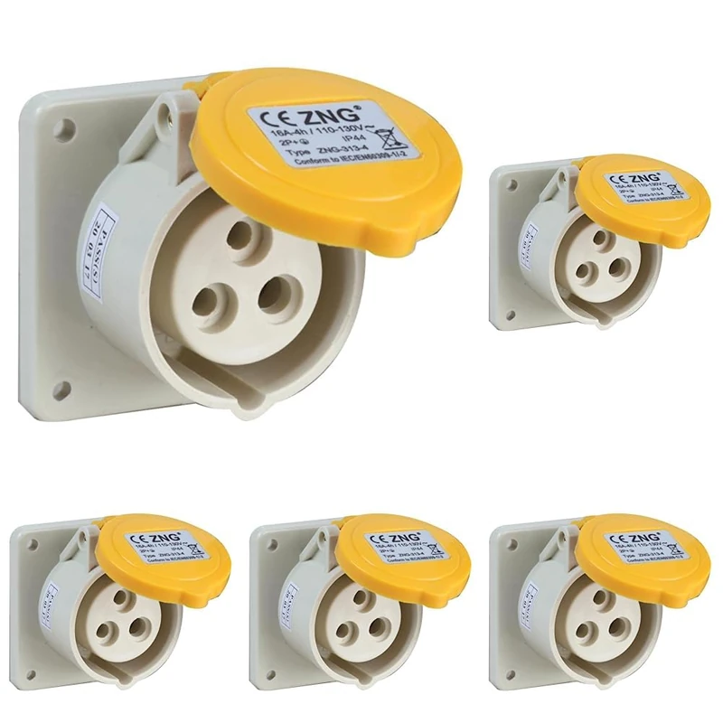 PRO ELEC PELB0122 16A, 110V, Panel Mount CEE Socket, 2P+E, Yelow, IP44 (Pack of 5)