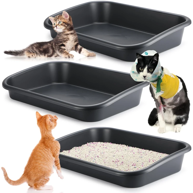 Uiifan Cat Litter Tray for Older Cats Low Entry Open Top for Older Cats Easy Clean Dark Grey 3 Pack
