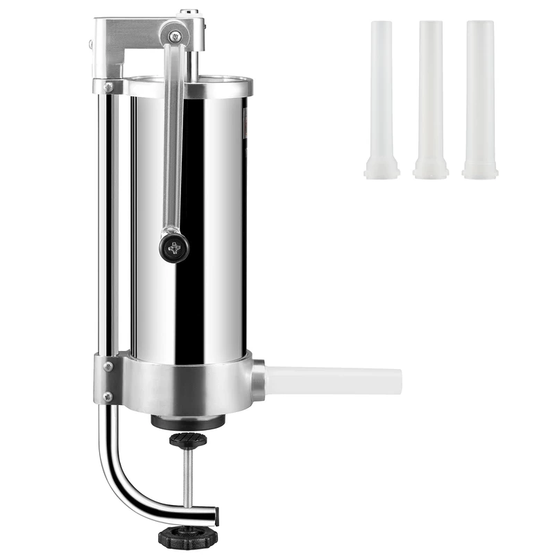 VEVOR Sausage Stuffer, 5LBS/3L Capacity, 304 Stainless Steel Vertical Sausage Stuffer, Sausage Filling Machine with 3 Stuffing Tubes, Suction Base and Manual Crank for Household or Commercial Use