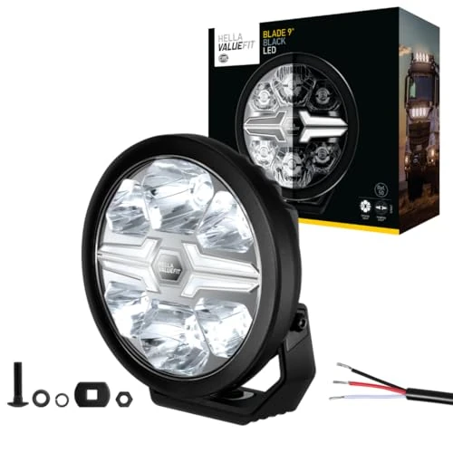 Hella Valuefit Blade Black 9 Inch LED Floodlight - 12/24V - Round - Reference Number: 50 - Attachment - ECE-148/ECE-149 - Lens Colour: Crystal Clear - Cable: 500 mm - Front Side - 1FJ 357 199-051