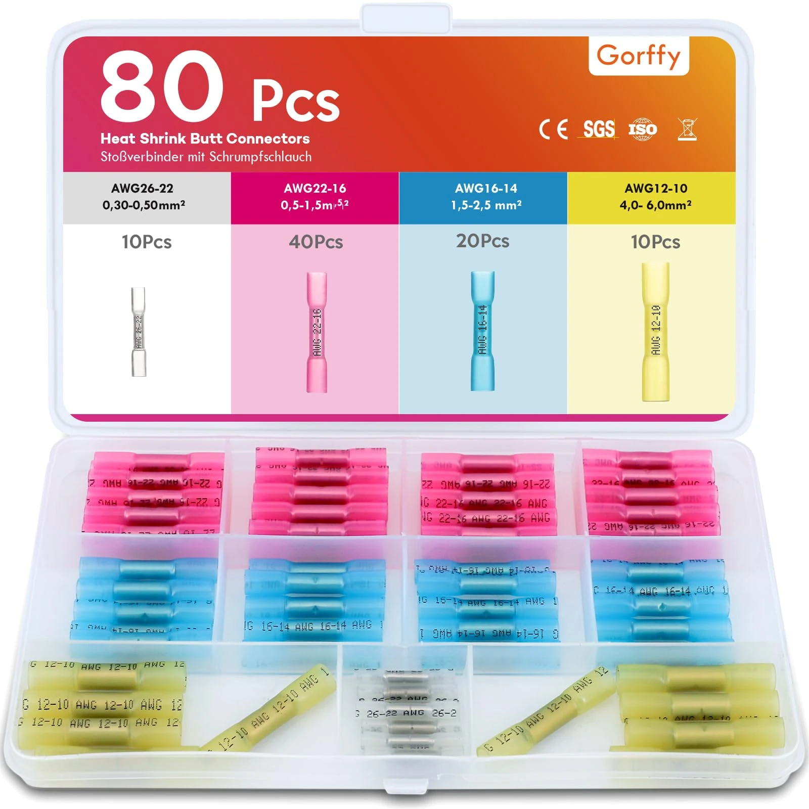 Gorffy Heat Shrink Butt Connectors, 80 PCS Crimp Connectors, 26-10 AWG Wire Connector Heat Shrink, Wire Crimp Connector Marine Grade Butt Terminals(Blue/Red/Yellow/White)