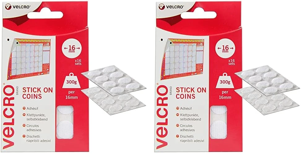 VELCRO Brand Stick On Coins Double Sided Hook & Loop Self Adhesive Sticky Coins Perfect for Room Décor & Home, Office, Garage Use White 16mm x 16mm Set of 16 (Pack of 2)